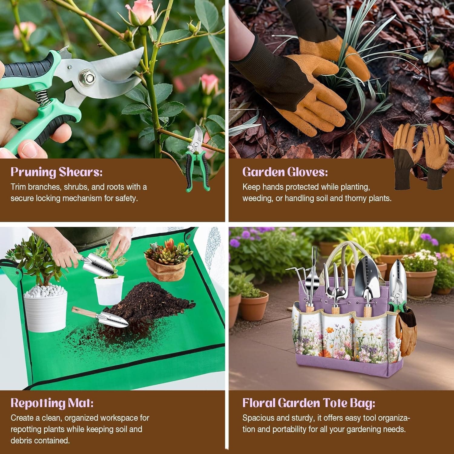 9-Piece Stainless Steel Garden Tools Set with Purple Floral Tote Bag thumbnail 5