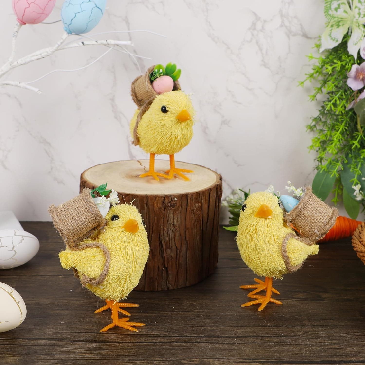 DR.DUDU Set of 3 Easter Decorations 4.5" Straw Chick Figurines with Egg Baskets, Realistic Baby Chick Tabletop Decor, Sisal Chicken Statue Farm Animal Spring Decor for Home Kitchen Office Farmhouse : Home &amp; Kitchen thumbnail 4