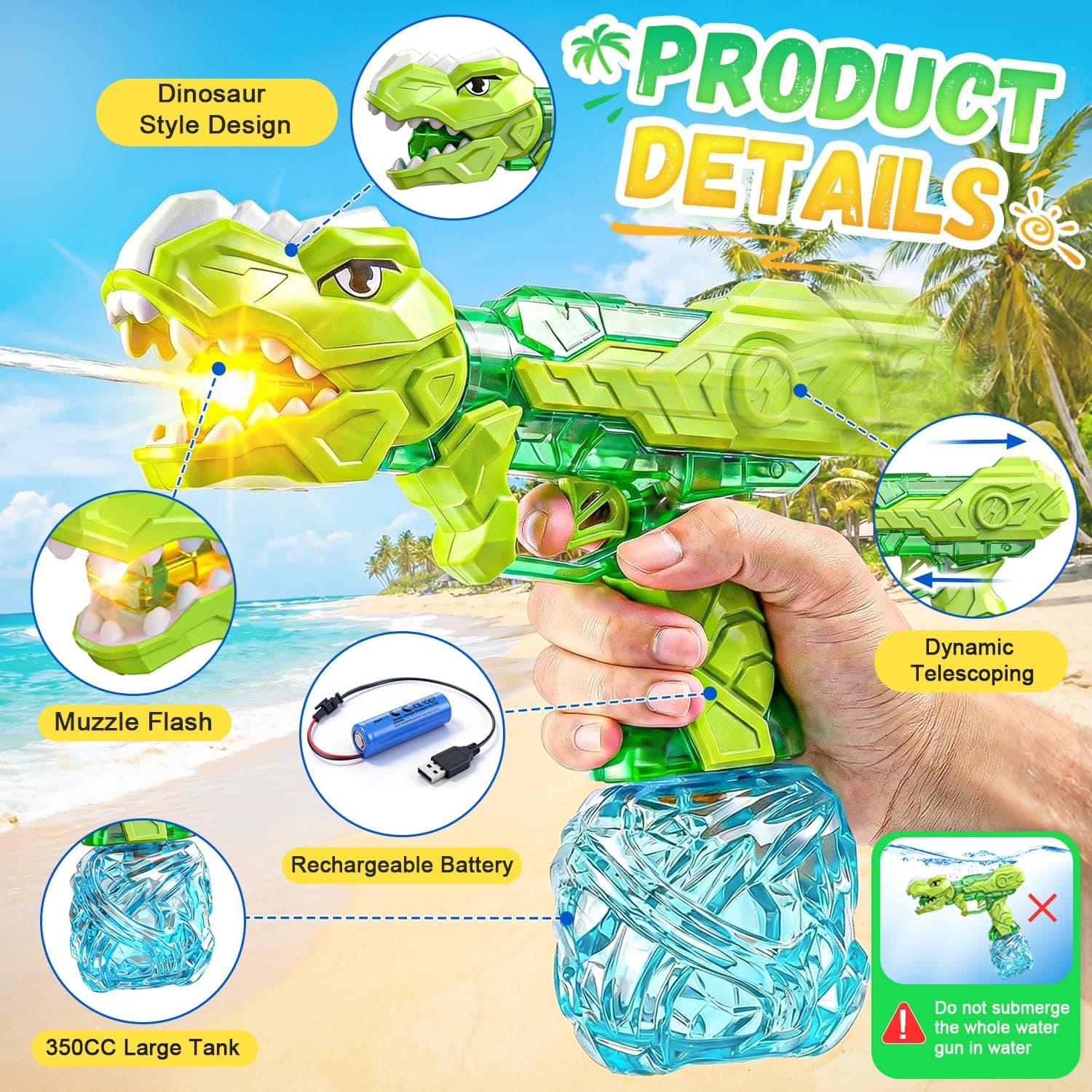 OMKSIH 2-Pack Electric Water Guns - Blue & Green Dinosaur Theme thumbnail 4