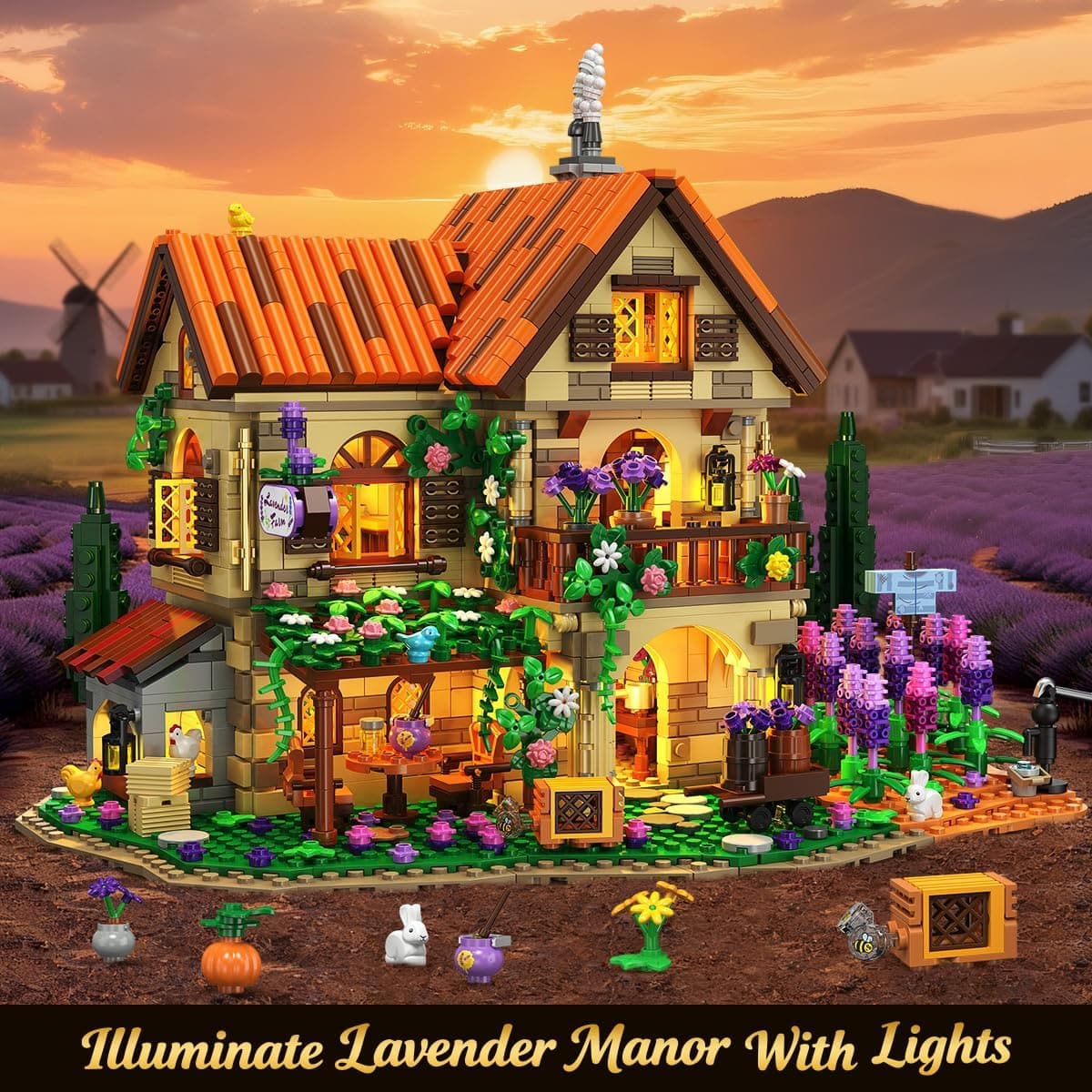 INSOON Lavender Manor House Building Set with Lights, 1960 PCS Lavender Estate Construction Model Home Decor, Romantic Lavender Flowers Cottage Building Block Kit Gift for Adults Teens Boys Girls 12+ : Toys &amp; Games thumbnail 2