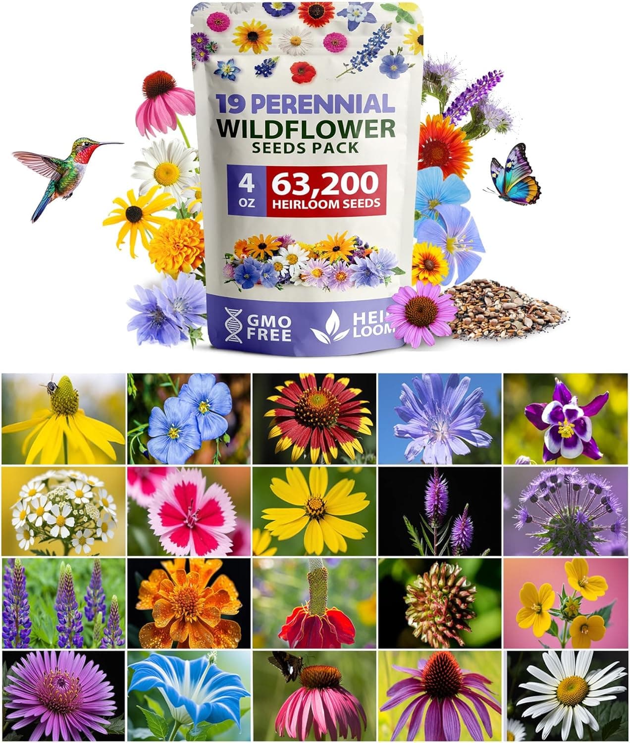 HOME GROWN Wildflower Seeds Bulk 4 oz 63,200+ Seeds 19 Varieties Non-GMO Perennial Mix, Butterfly &amp; Pollinator Flower Seeds, Attract Bees, Birds &amp; Hummingbirds, Outdoor Planting : Patio, Lawn &amp; Garden view 1