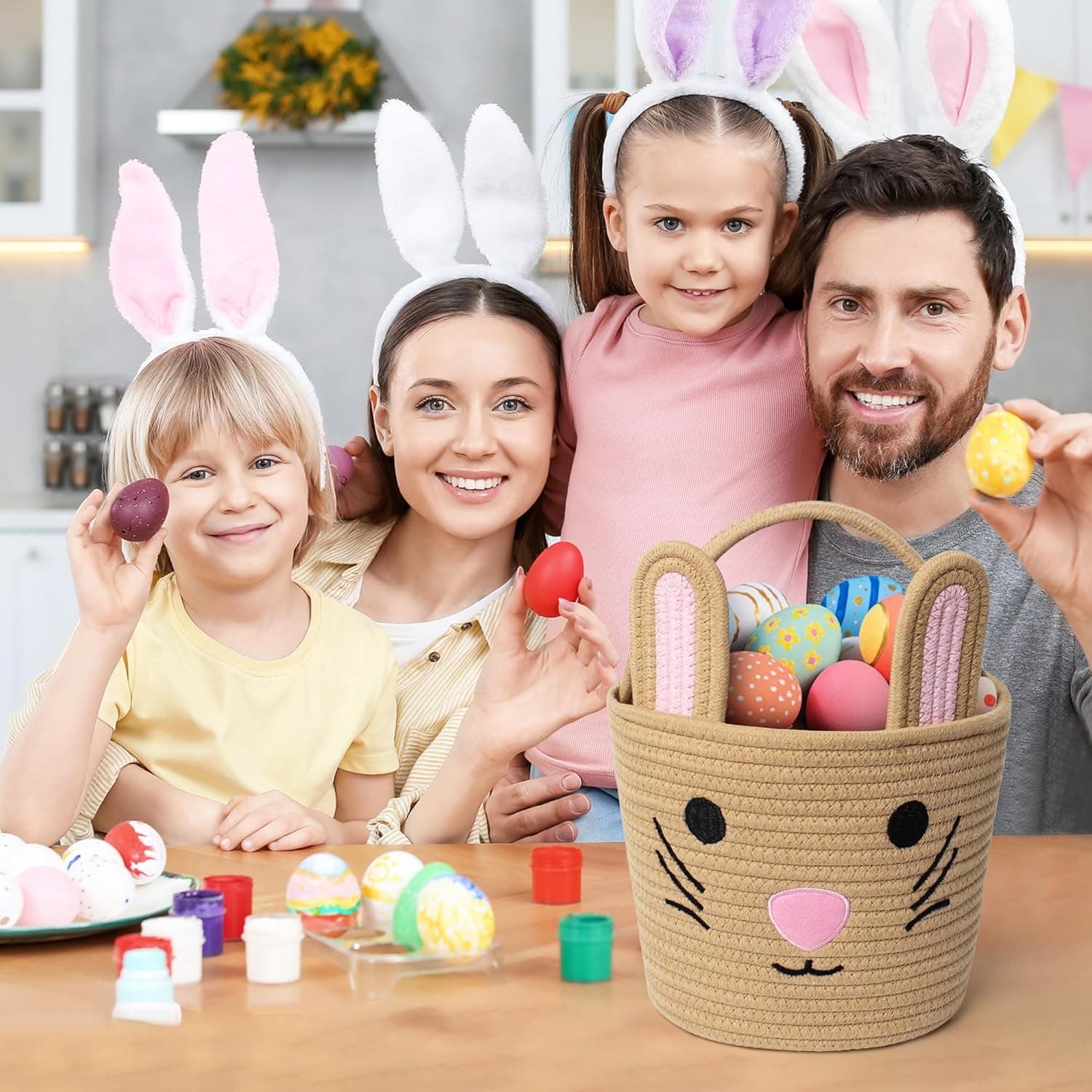 WILLITAT Easter Basket for Kids - Woven Cotton Rope Egg Bucket with Rabbit Ears Handle thumbnail 4