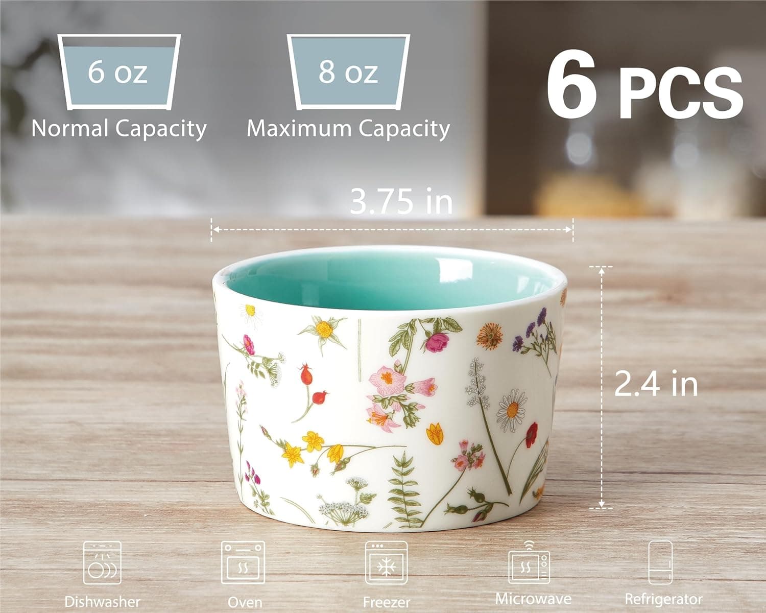 ONEMORE 6 oz Floral Ceramic Ramekins Set of 6 in Mint Green thumbnail 3