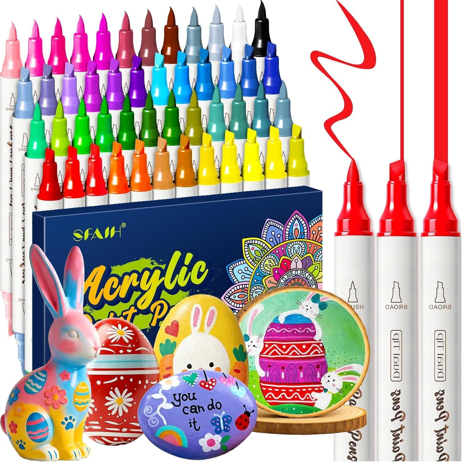 SFAIH 48 Colors Acrylic Paint Markers - Dual Tip Easter Egg Markers, Paint Pens for DIY Crafts Any Surface, Eggs Rock Wood Fabric, Quick Drying Non-Bleed Waterproof [1-5mm Brush &amp; Chisel] : Arts, Crafts &amp; Sewing view 1
