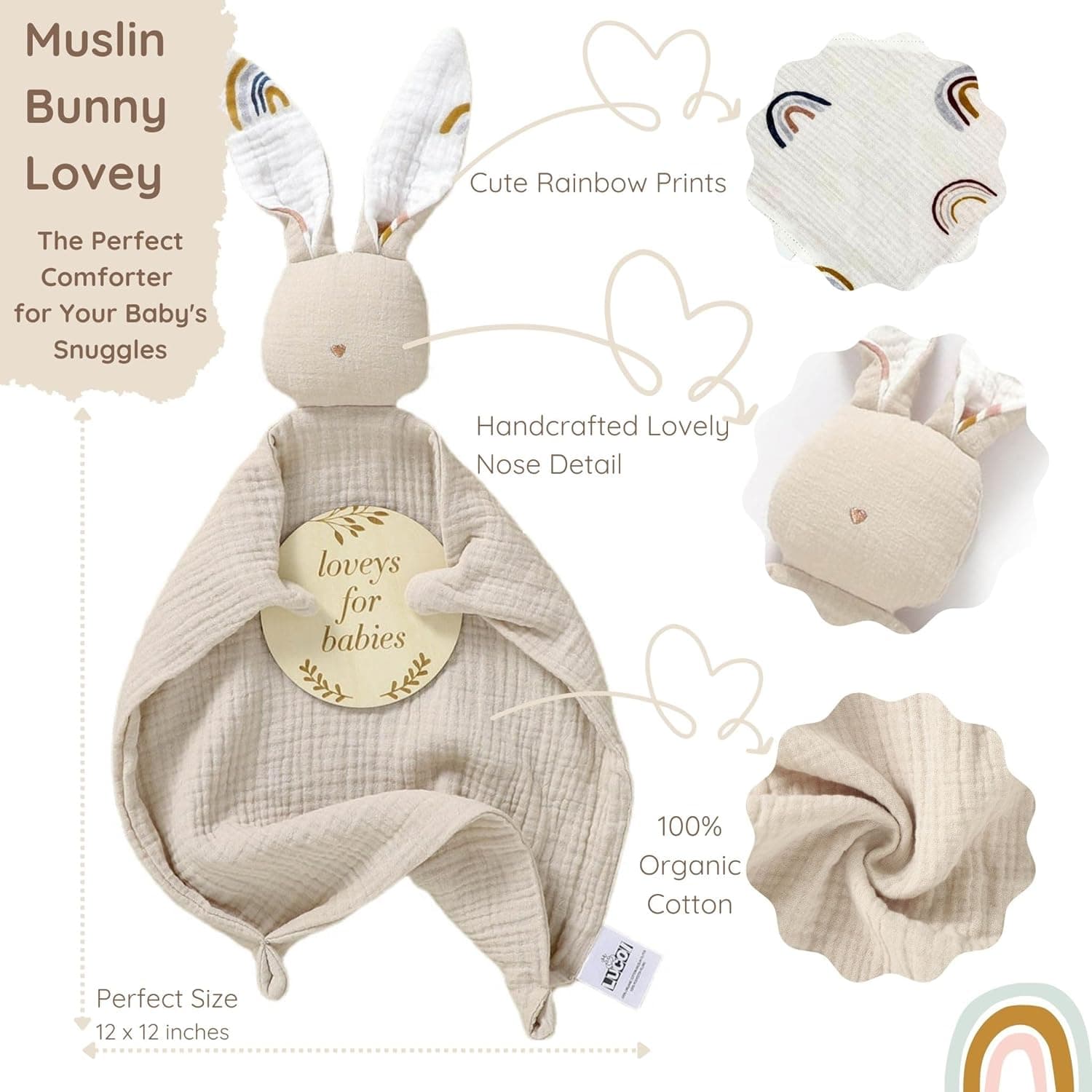 LUCOI Organic Cotton Baby Gift Set – 4 Piece Muslin Bunny Lovey Blanket + Teether Ring + Bandana Bib + Announcement Card | Gender Neutral Newborn Gift Box | Organic Lovey for Babies : Baby thumbnail 2