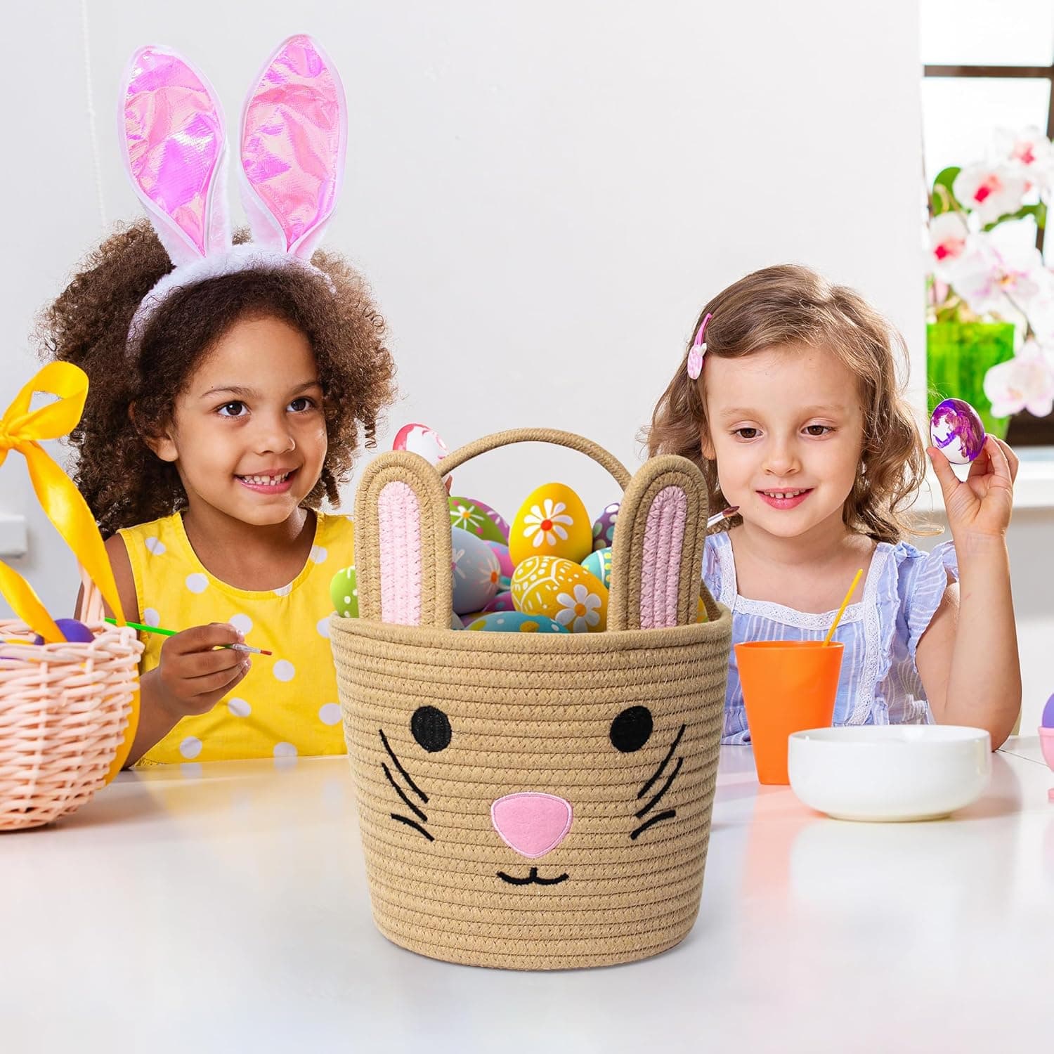 WILLITAT Easter Basket for Kids - Woven Cotton Rope Egg Bucket with Rabbit Ears Handle thumbnail 5