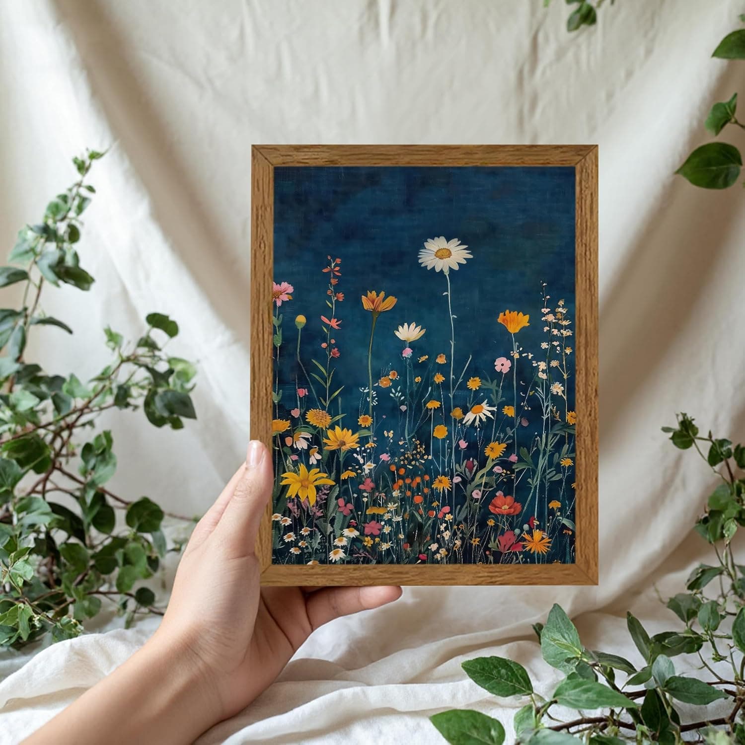 Wojuin Framed Dark Blue Botanical Floral Canvas Wall Art, Rustic Colorful Wildflower Artwork Wall Decor, Vibrant Vintage Flower Painting Prints for Living Room Bedroom Bathroom Office 8x10 in: Posters &amp; Prints thumbnail 4