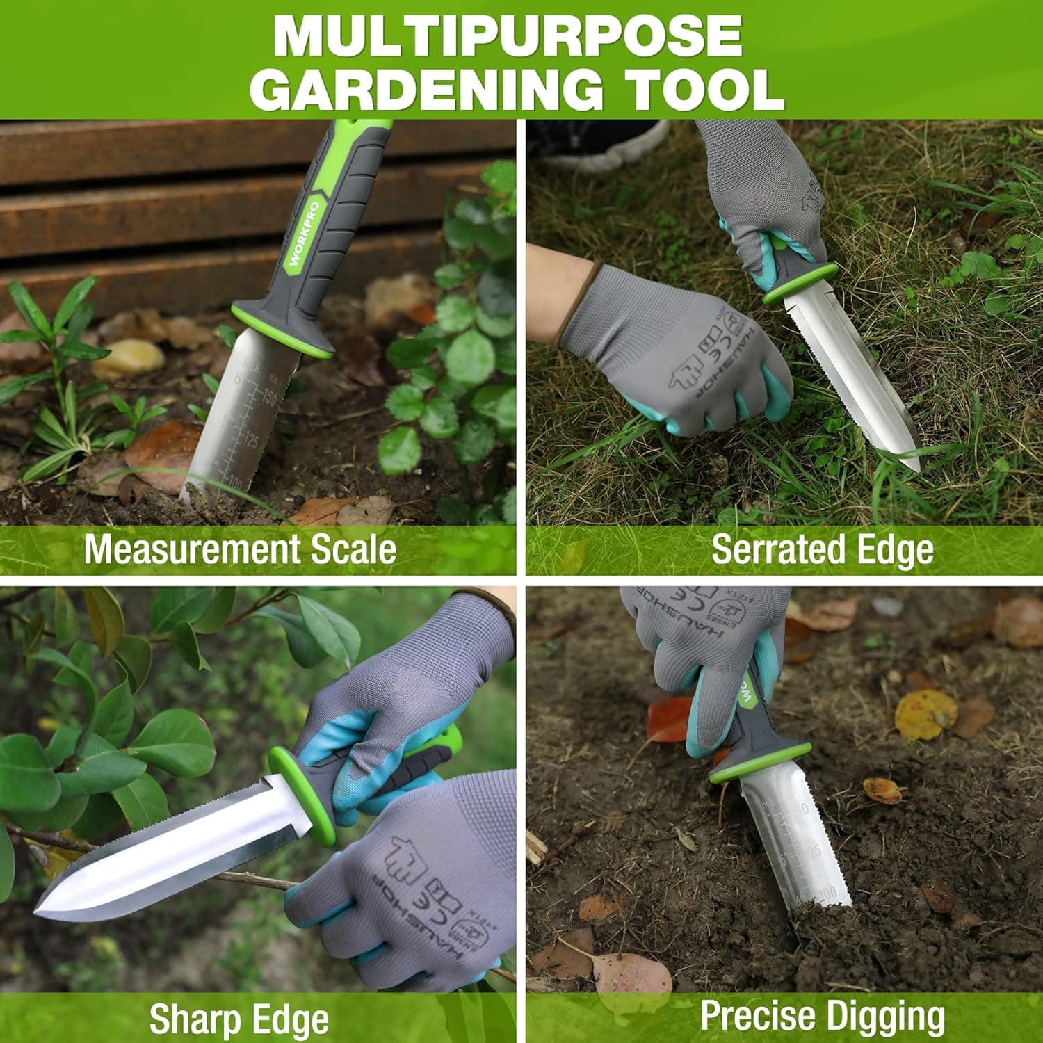 WORKPRO Hori Hori Garden Knife, 7" Stainless Steel Blade with Cutting Edge, Garden Tools with Oxford Sheath, Ergonomic TRP Handle with Hanging Hole for Weeding, Planting, Digging, Green : Patio, Lawn &amp; Garden thumbnail 2