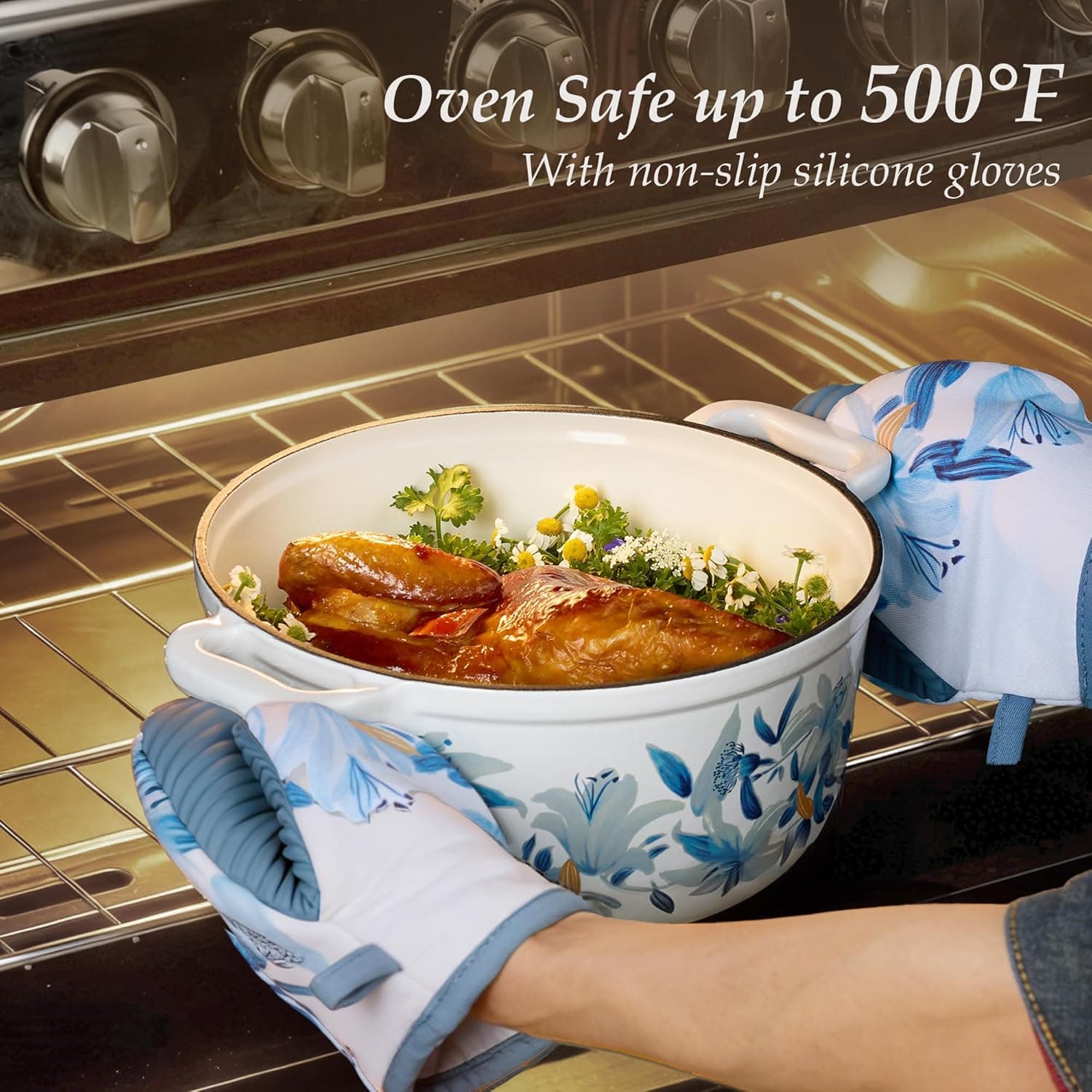 CAROTE 5 QT Enameled Cast Iron Dutch Oven with Lid - White & Blue thumbnail 4