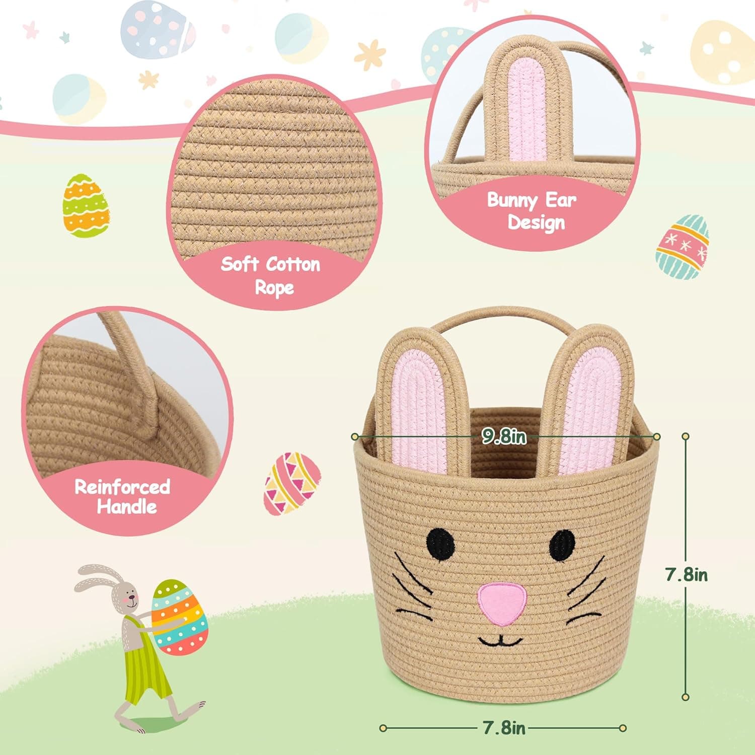 WILLITAT Easter Basket for Kids - Woven Cotton Rope Egg Bucket with Rabbit Ears Handle thumbnail 2