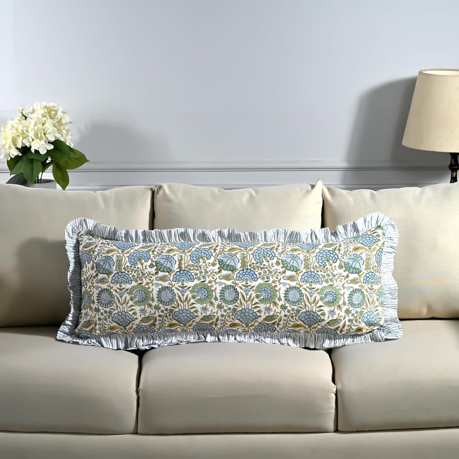 Ridhi Block Print Asparagus Green Ruffle Lumbar Sham Cover — Spring Gift Ideas gift idea