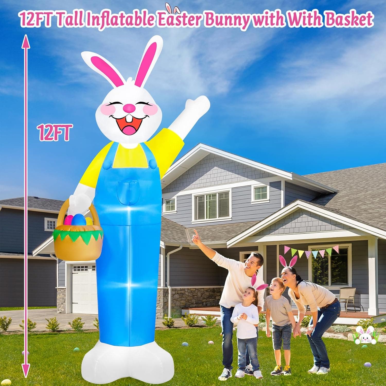 12Ft Giant Lighted Easter Bunny Inflatable with Egg Basket thumbnail 2