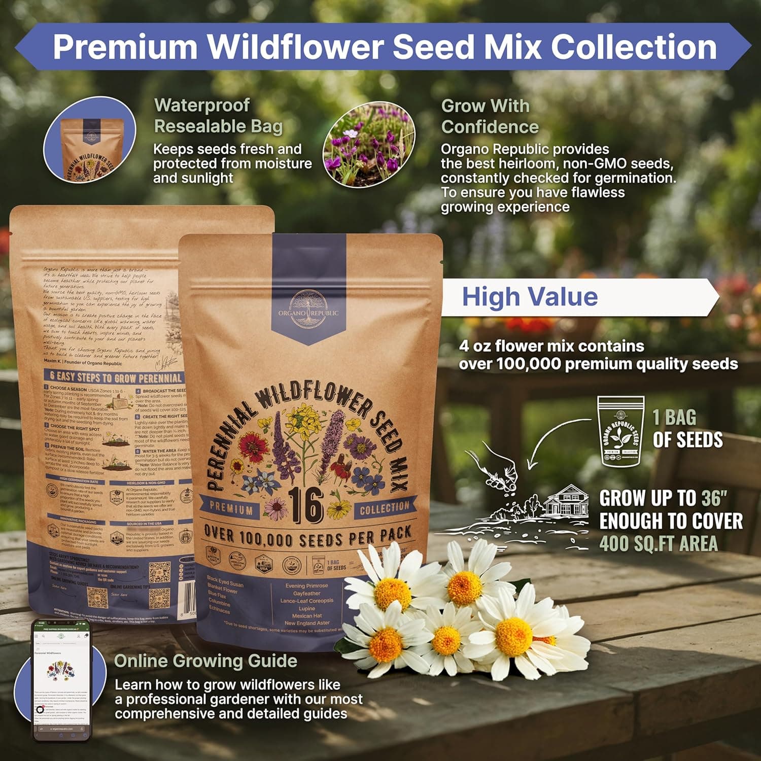 Organo Republic 16 Perennial Wildflower Seeds Mix thumbnail 2