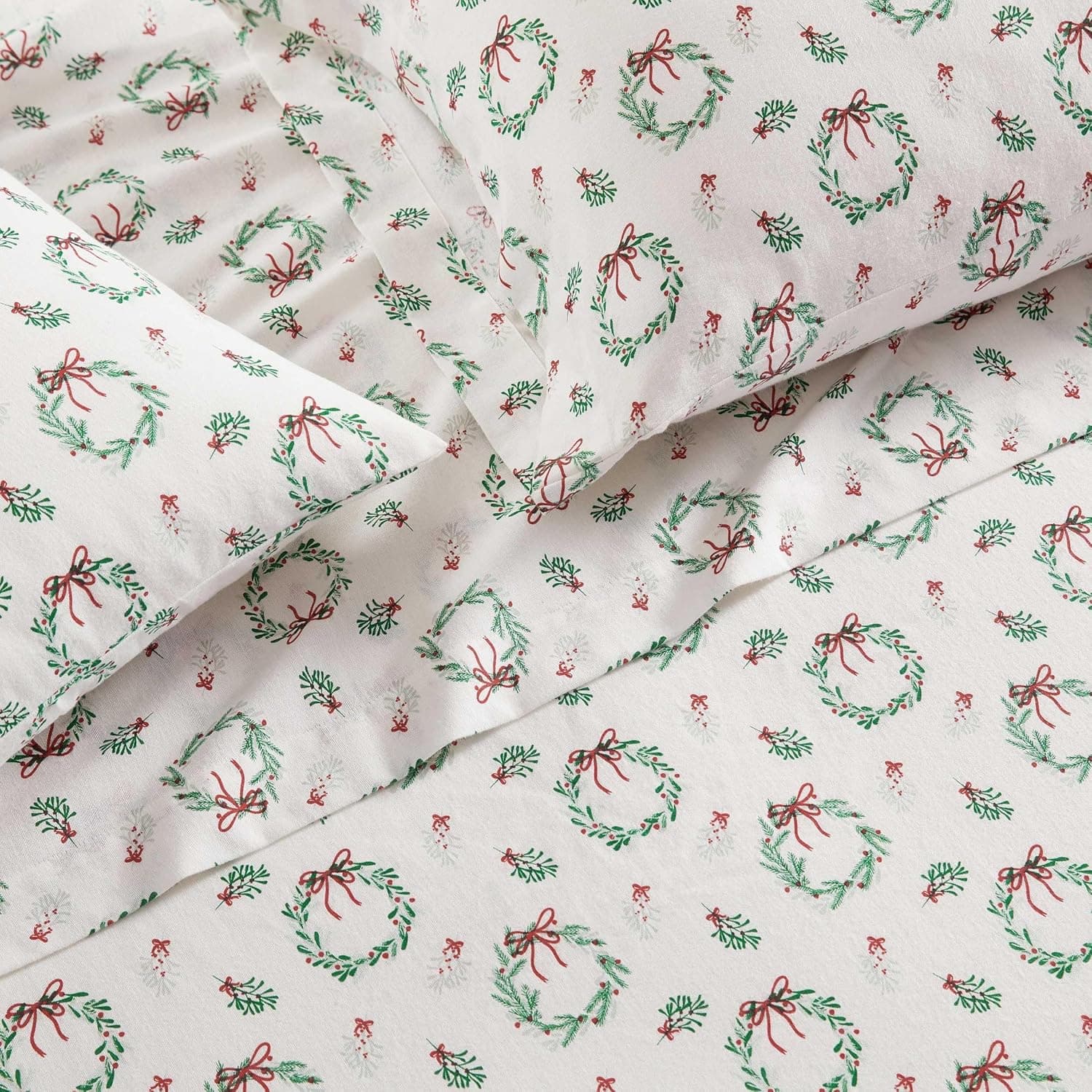 Martha Stewart - Flannel Sheets Full Size, Anti-Pilling &amp; Wrinkle Resistant Cotton, Touchably Soft for All-Season Comfort - Matching Pillowcases &amp; Fitted Sheet (Wreaths &amp; Mistletoe Green) : Home &amp; Kitchen thumbnail 5