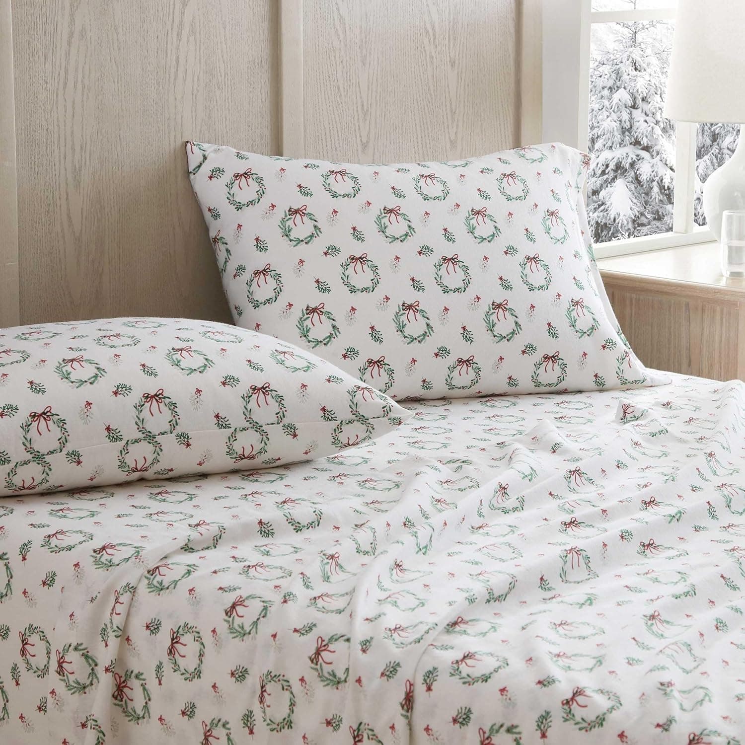 Martha Stewart - Flannel Sheets Full Size, Anti-Pilling &amp; Wrinkle Resistant Cotton, Touchably Soft for All-Season Comfort - Matching Pillowcases &amp; Fitted Sheet (Wreaths &amp; Mistletoe Green) : Home &amp; Kitchen thumbnail 3