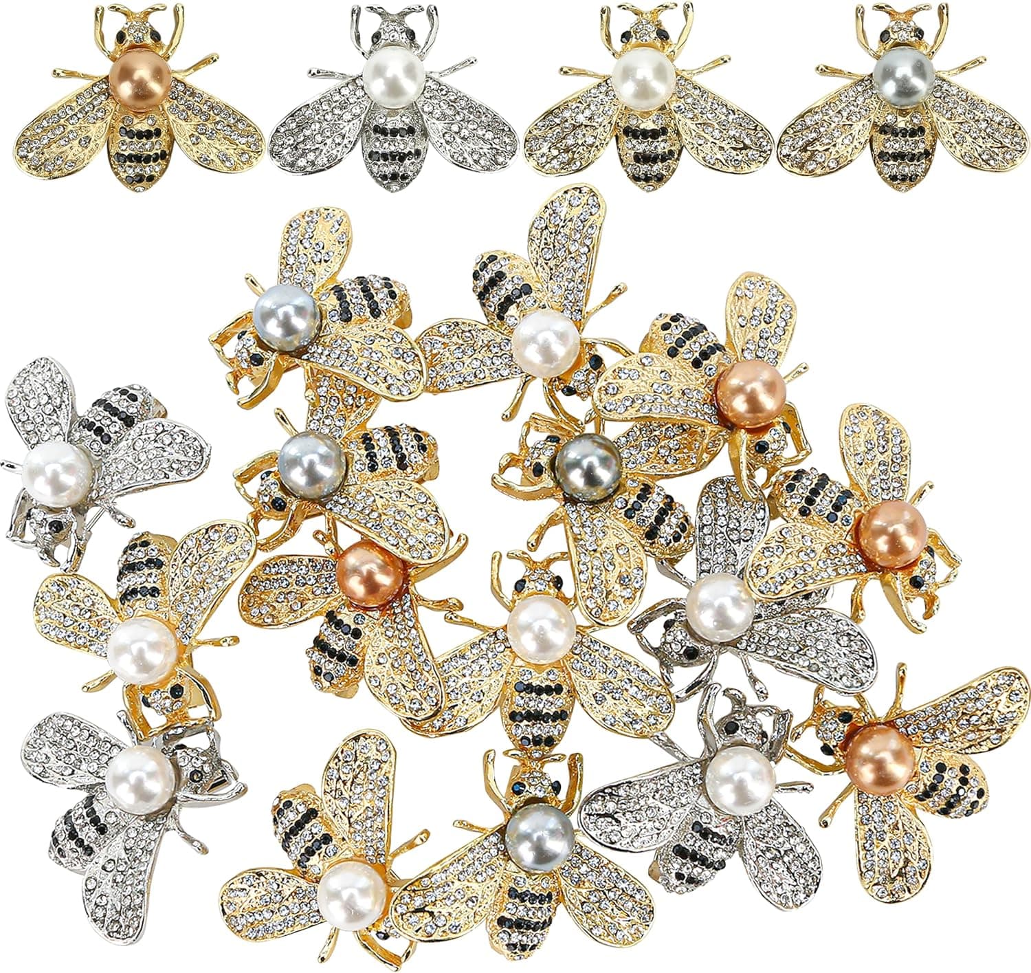 20 PCS Honey Bee Brooch Pins Set - Gold Designer Bumble Bee Brooches with Crystals and Faux Pearls — Spring Gift Ideas gift idea