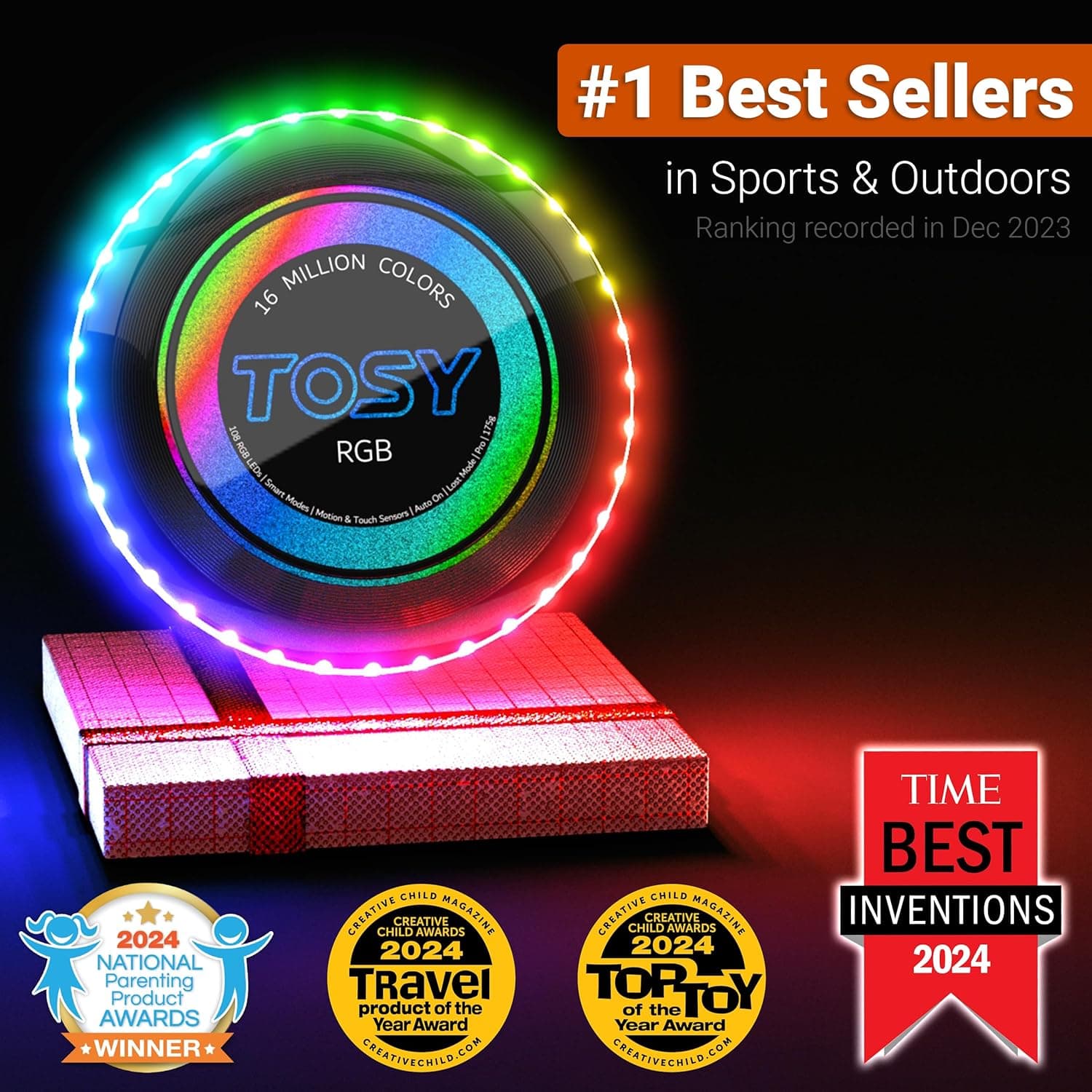 TOSY Flying Disc - 108 RGB Multicolor LEDs, Super Bright, Smart Modes, Cool Valentine Easter Gift, Camping Toy for Kid/Teen/Adult, Auto Light Up, Rechargeable, Waterproof, 175g : Sports &amp; Outdoors thumbnail 2