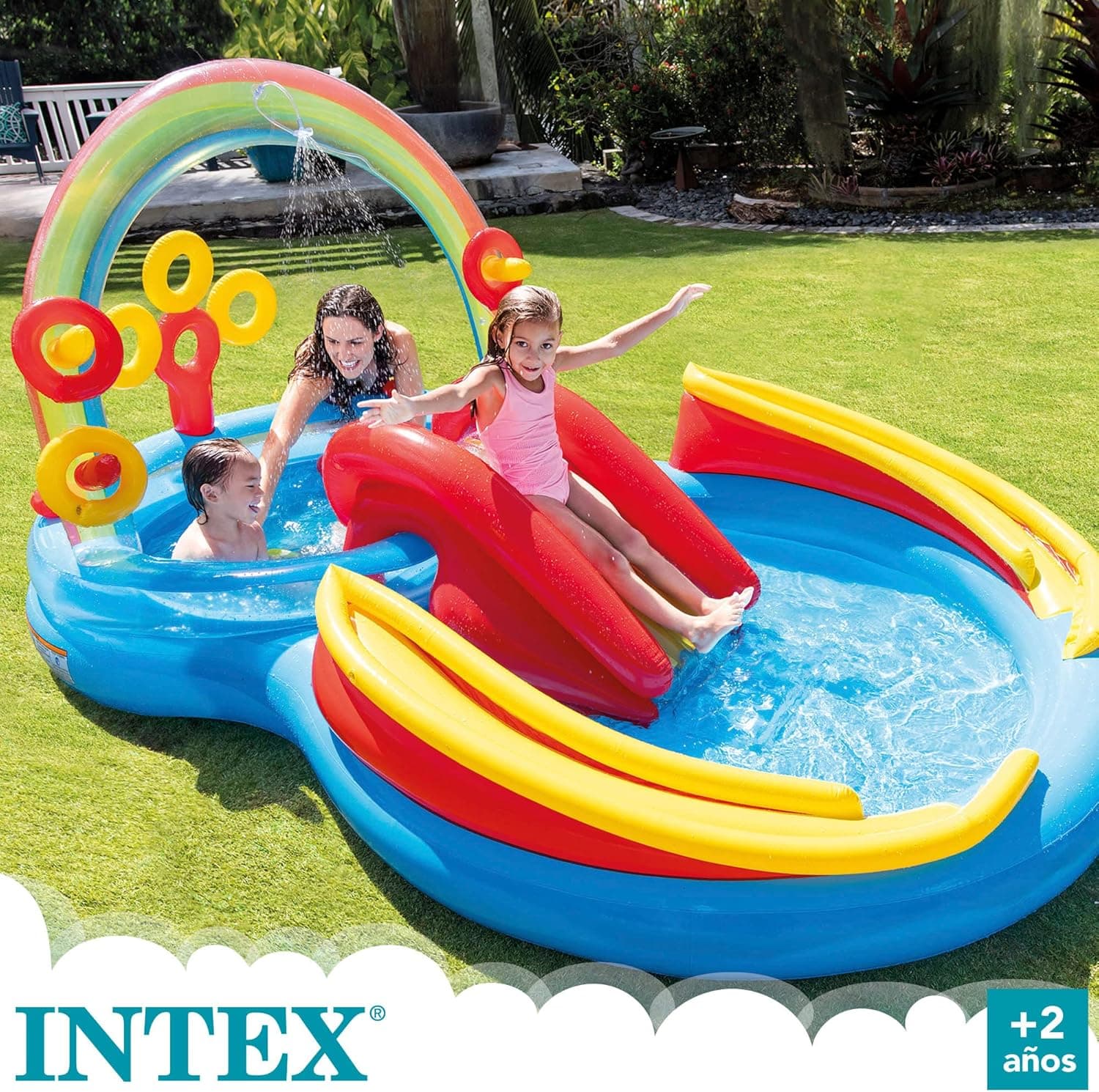 Intex Rainbow Slide Kids Inflatable Pool with Water Slide and Ring Toss thumbnail 2
