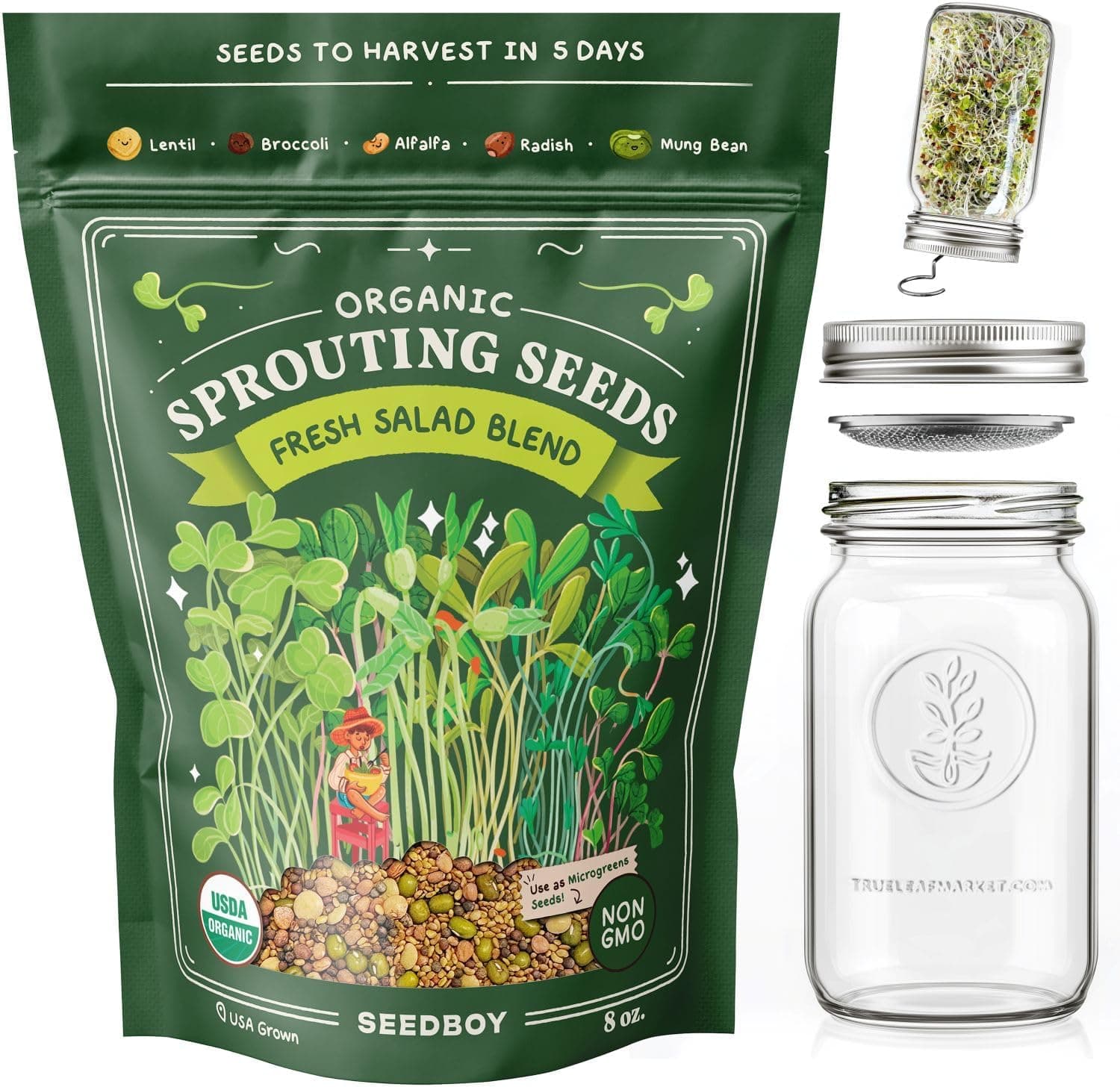 Seedboy Organic Non-GMO Fresh Salad Blend Sprouting Seeds & Kit โ Includes Jar, Lid & Stand โ USA Grown Microgreens Mix โ 8 oz Bag Makes 24 Servings (Sprouting Jar/Salad Blend) : Patio, Lawn & Garden view 1