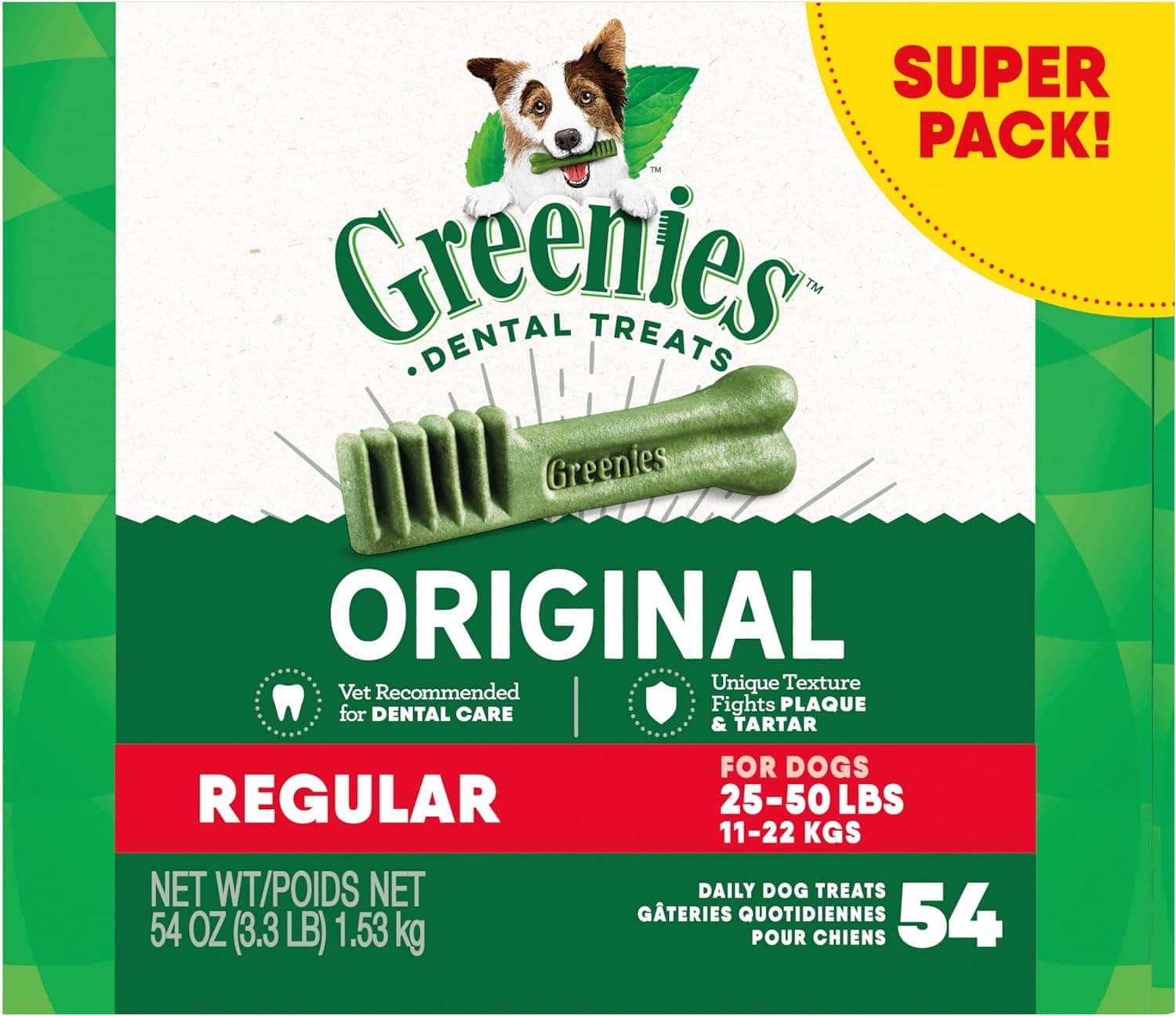 Greenies Veterinarian-Recommended Adult Natural Dental Dog Treats Regular Size, Dog Dental Chews, Original Flavor, 54 oz. Pack, 54 Count : Pet Supplies view 1
