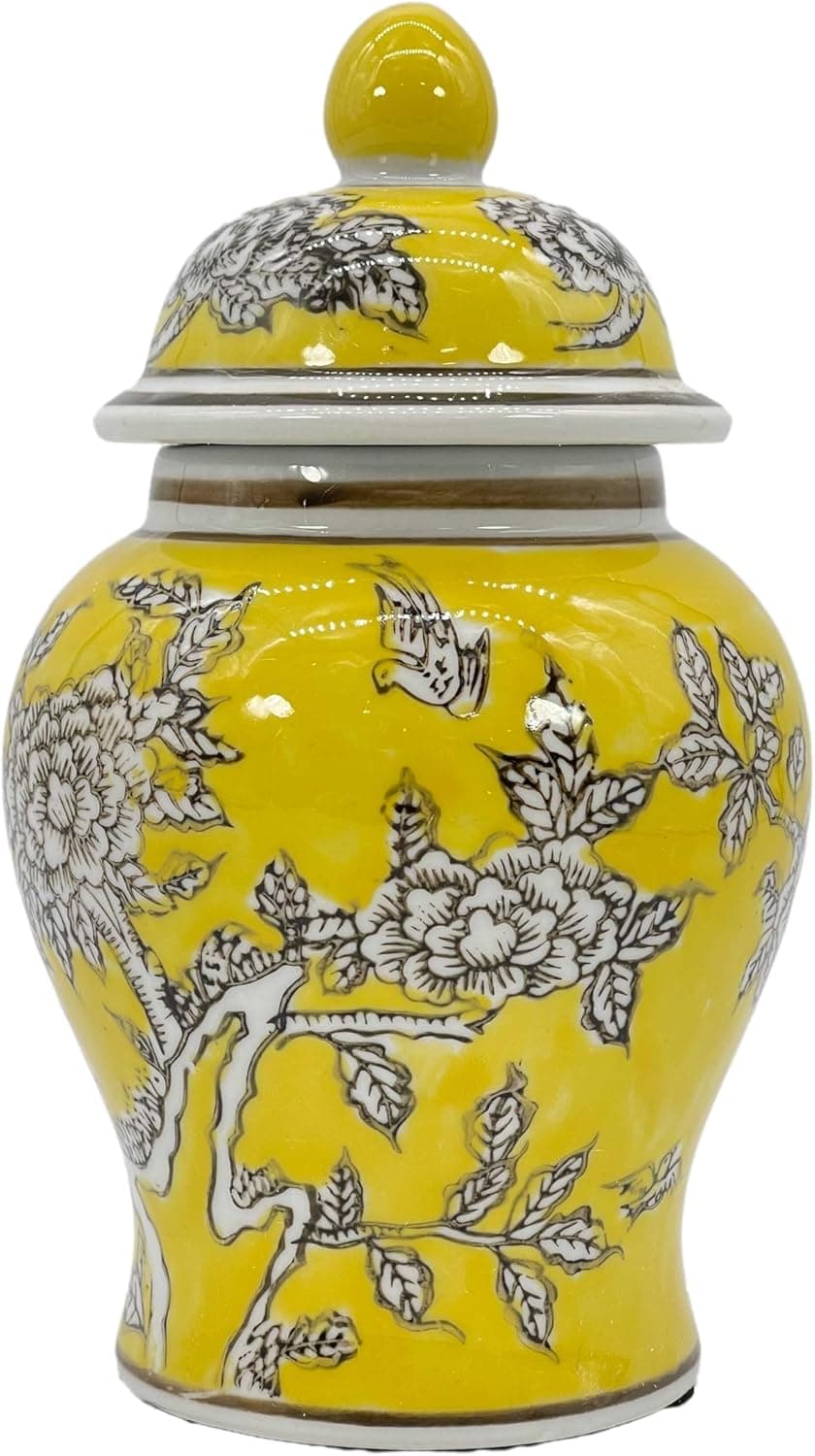 8" Ceramic Ginger Jar w/Lid - Classic Chinese Style Porcelain Jar Tea Storage for Home Decor Decorative Centerpiece Vintage Accent Antique Vase Jingdezhen (Yellow) : Home & Kitchen view 1