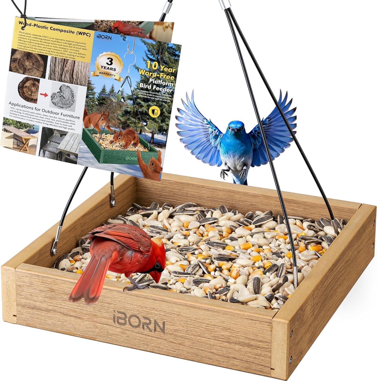 iBorn Platform Bird Feeder Tray, Bird Feeders for Outdoors Hanging, Flat Birdfeeder Tray with Large Capacity 3LBS, WPC Recycled Plastic & Cedar Look, Waterproof, 10.5"x10.5", Raw : Patio, Lawn & Garden view 1